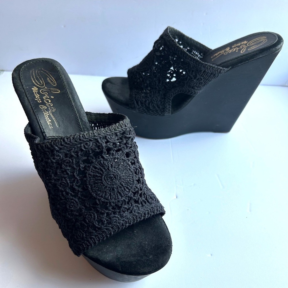 Sbicca Vintage Collection Crochet Platform Wedge Sandals Womens 10 41 Black Boho